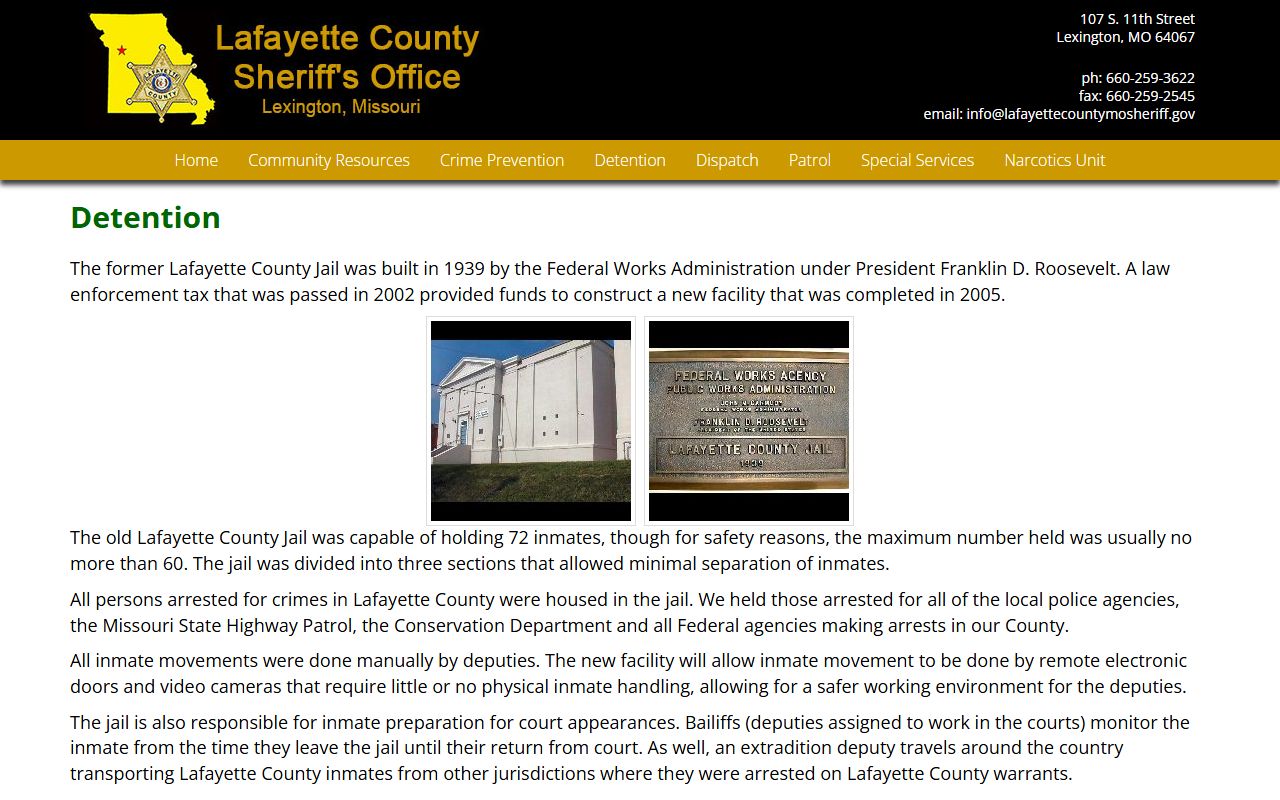 Lafayette County Sheriff's detention page with jail history and capacity details